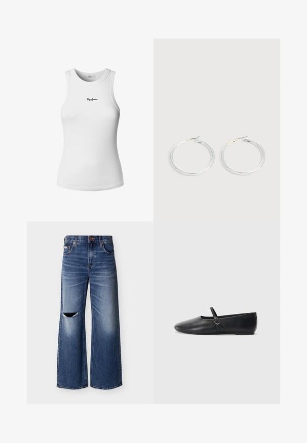Witte geribbelde tanktop met een ronde halslijn en mouwloos ontwerp. Heeft een klein zwart "Pepe Jeans" logo geborduurd aan de voorkant.; Blauwe wijde spijkerbroeken met een vervaagde wassing en een gescheurd gat op de linker dij, voorzien van voorzakken en een knoopsluiting.; Zwarte leren balletschoenen met een spitse neus, platte zool en een kleine strap met een zilveren gespsluiting.; Een paar glanzende zilveren oorringen met dunne draadafsluitingen, getoond op een lichtgrijze achtergrond.