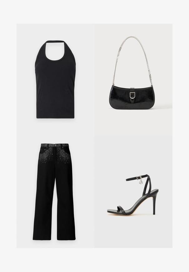 CLOSED NECK HOLDER - Top - black; Čierne džínsy s voľným strihom, zdobené roztrúseným strieborným cvočkom na vreckách a páse. Vyrobené z denimu.; Čierna sandála na vysokom opätku s úzkym remienkom okolo členka, štvorcovou špičkou, hladkým koženým materiálom a kovovým zapínaním.; Čierna lakovaná kožená kabelka na rameno so striebornou prackou a strieborným reťazovým remienkom, zobrazená na jednofarebnom svetlom pozadí.