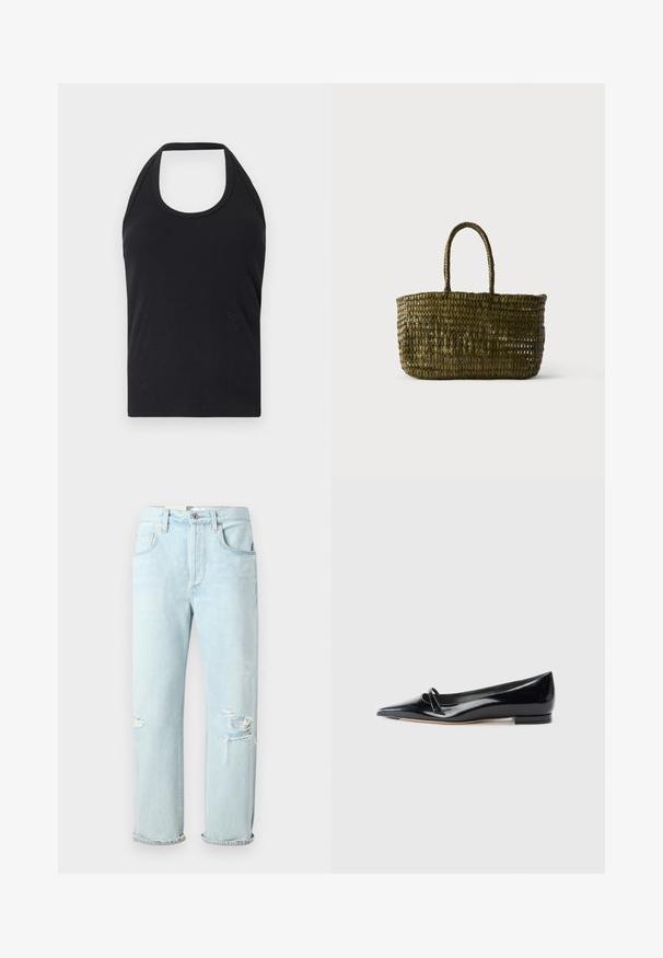 CLOSED NECK HOLDER - Top - black; Lichtblauwe denim jeans met een relaxte pasvorm, voorzien van verwassen scheuren aan de voorkant, opgerolde manchetten en een klassieke vijf-pocket stijl.; Zwarte gepatenteerde leren platte schoen met een puntige neus, een kleine decoratieve band en een lage blokhak. Gladde textuur en strak ontwerp.; Olijfgroene geweven draagtas met twee afgeronde handvatten tegen een effen lichte achtergrond.