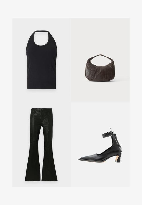 CLOSED NECK HOLDER - Top - black; Čierne rozšírené nohavice z lesklého materiálu, s priliehavým pásom, dizajnom s piatimi vreckami a zapínaním na gombík vpredu.; Čierna kožená nízko podpätková topánka so špicatou špičkou, šnurovacím detailom na päte a remienkom okolo členka na bielom jednoduchom pozadí.; Malá tmavohnedá textúrovaná kabelka s krátkym remienkom a zaobleným spodkom na jednoduchom svetlom pozadí.