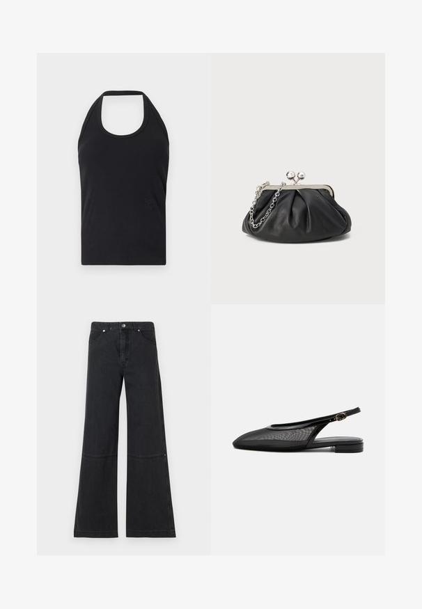 CLOSED NECK HOLDER - Top - black; Zwarte wijduitlopende jeans van denim, met een hoge taille, voorzakken en een subtiele stiknaad bij de knie. Met metalen knoopsluiting.; Zwarte slingback platte schoen met puntige neus, mesh bovenwerk, verstelbare gespsluiting en lage gestapelde hak op witte achtergrond.; Zwarte leren clutch met geplooide textuur, zilverkleurig metalen frame, drukknopsluiting en kettingriem. Glad, zacht oppervlak.