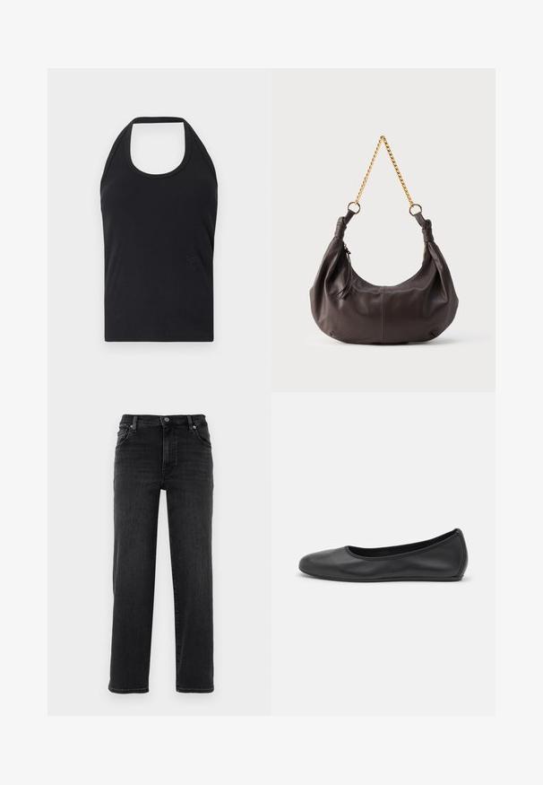 CLOSED NECK HOLDER - Top - black; Zwarte denim jeans met een rechte pijp. Kenmerken zijn een knoopsluiting, vijf zakken en minimale stikdetails. Glad oppervlak.; Zwarte leren ballerina met een ronde neus, gladde textuur, minimale stikdetails en een flexibele zoolontwerp.; Zachte donkerbruine leren schoudertas met geknoopte uiteinden en een korte gouden kettingriem, tegen een effen lichte achtergrond.
