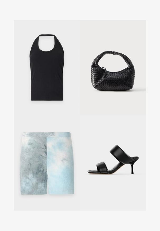 CLOSED NECK HOLDER - Top - black; Farvet shorts i blokke, der har en gradient af lyseblå og grå nuancer. Lavet af blødt materiale med en glat tekstur og en elastisk talje.; Sort læder mule sandal med to brede remme og en slank mellemhøj stiletthæl på en ensartet lys baggrund.; Sort flettet håndtaske med en rundet form, tekstureret finish og et buet håndtag. Har et diskret logo på forsiden.