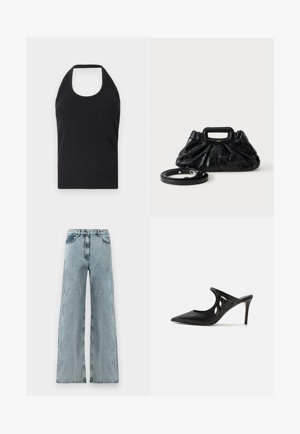 CLOSED NECK HOLDER - Top - black; Lyseblå vidde jeans lavet af denim, med høj talje, subtil slitage og en løs pasform med lige ben.; Sorte læder højhælede mules med spids tå, udskåret sideskærm og glat tekstur. Stiletthæl og subtil syning.; Lille sort læderhåndtaske med rynket tekstur, rektangulært håndtag og aftagelig tynd skulderrem placeret ved siden af.