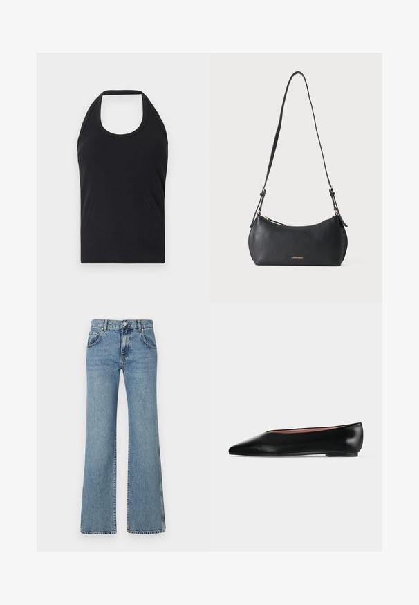 CLOSED NECK HOLDER - Top - black; Svetlomodré rozšírené džínsy z denimu s pásom so zapínaním na gombík, piatimi vreckami a klasickým prešitým dizajnom.; Čierna kožená dámska balerína s špicatou špičkou a nízkym opätkom, zobrazená z boku na jednoliatom svetlosivom pozadí.; Malá čierna kožená kabelka cez rameno s nastaviteľným popruhom a zlatým zipsom, s jemným zlatým logom značky na prednej strane.