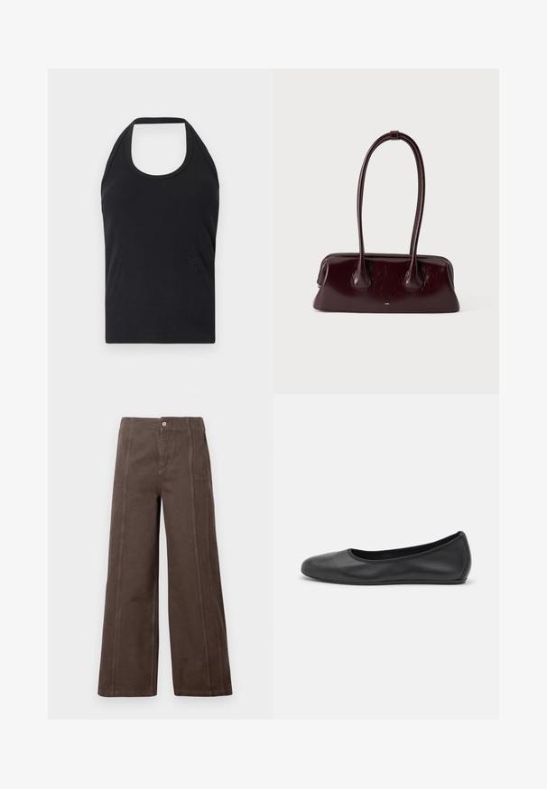 CLOSED NECK HOLDER - Top - black; Bruine wijde broek gemaakt van soepel materiaal, met voren ingenaaide naden en een enkele metalen knoopsluiting op de tailleband.; Zwarte leren ballerina met een ronde neus, gladde textuur, minimale stikdetails en een flexibele zoolontwerp.; Donkerbruine glanzende leren handtas met lange, dunne handvatten en een gestructureerde rechthoekige bodem op een effen lichte achtergrond.