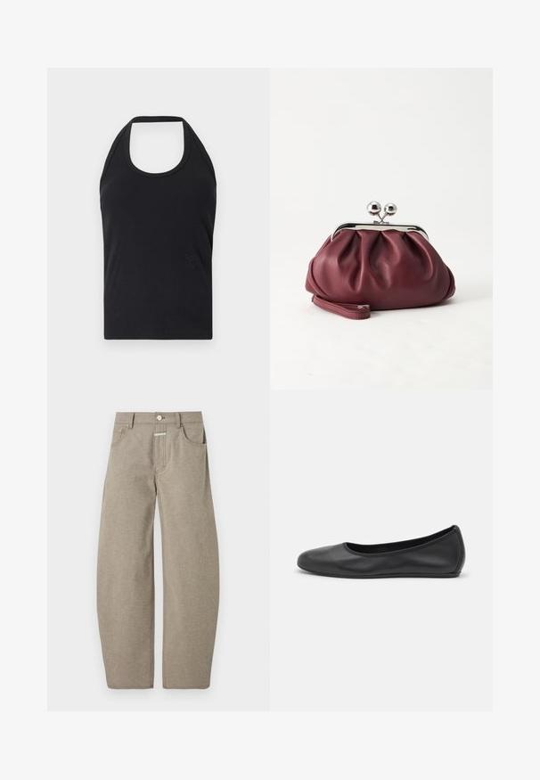 CLOSED NECK HOLDER - Top - black; CLOSED JAZZIE - Vaqueros boyfriend - silt grey; Bailarina de piel negra con punta redondeada, textura suave, detalle de costura minimalista y diseño de suela flexible.; Pequeño bolso de mano de cuero burdeos con cierre metálico plateado y correa de muñeca sobre un fondo blanco.