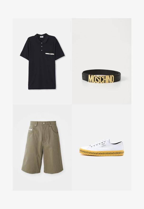 Sorte polo shirt lavet af bomuld med en tre-knaps knaplukning, korte ærmer og en brystlomme med en sølvfarvet detalje og et label.; MOSCHINO TAPE - Shorts - green; Hvid lav-sneakers i lærred med hvide snørebånd og en gul sål designet til at ligne et målebånd med størrelsesmærker.; Sort læderbælte med et stort guld "MOSCHINO" logo spænde, glat tekstur, justerbar størrelse og minimalistisk design.