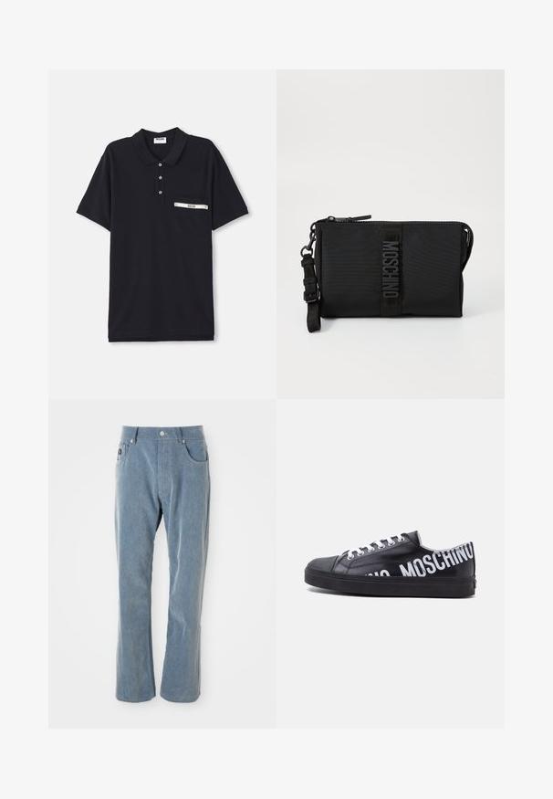 Zwarte polo shirt van katoen met een drieknoopsluiting, korte mouwen en een borstzak met een zilveren accent en label.; Lichtblauwe corduroy broek met knoop- en ritssluiting, voorzakken en rechte pijpen op witte achtergrond.; Zwarte lage sneaker met witte veters en vetgedrukte witte "MOSCHINO" tekst die om de hiel en zijkant loopt.; Zwarte nylon clutch bag met een getextureerde logo patch, een ritssluiting en een verstelbare schouderband. Compact rechthoekige vorm.