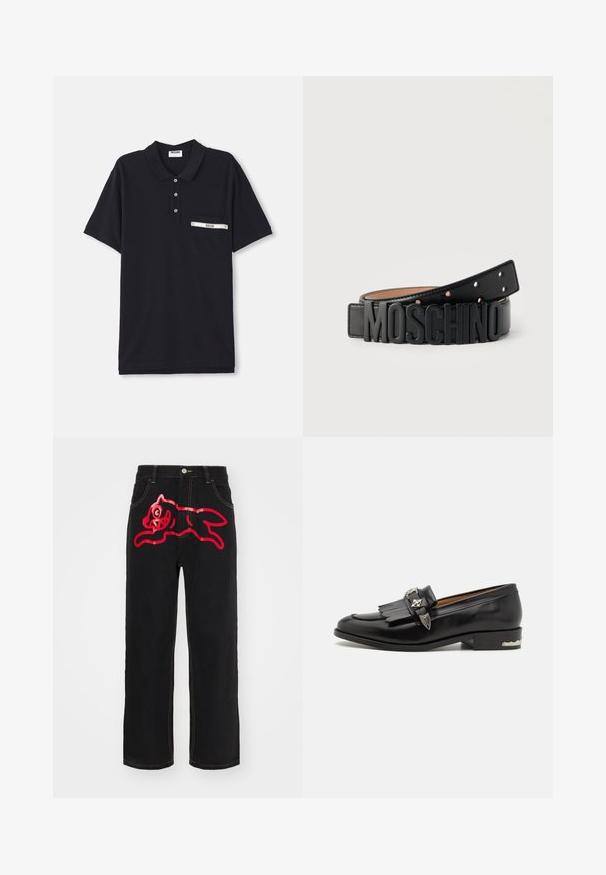 Camisa polo negra de algodón con una tapeta de tres botones, mangas cortas y un bolsillo en el pecho que presenta un acento plateado y una etiqueta.; Jeans de mezclilla negra con un gran gráfico rojo de un gato en salto en el bolsillo trasero, con costuras amarillas contrastantes a lo largo de las costuras.; Mocasín de cuero negro con detalles de flecos, acentos de hardware plateado, punta redondeada y un tacón bajo apilado con un borde decorativo.; Cinturón de cuero negro con grandes letras negras que deletrean "MOSCHINO" como hebilla, exhibido enrollado sobre un fondo gris.