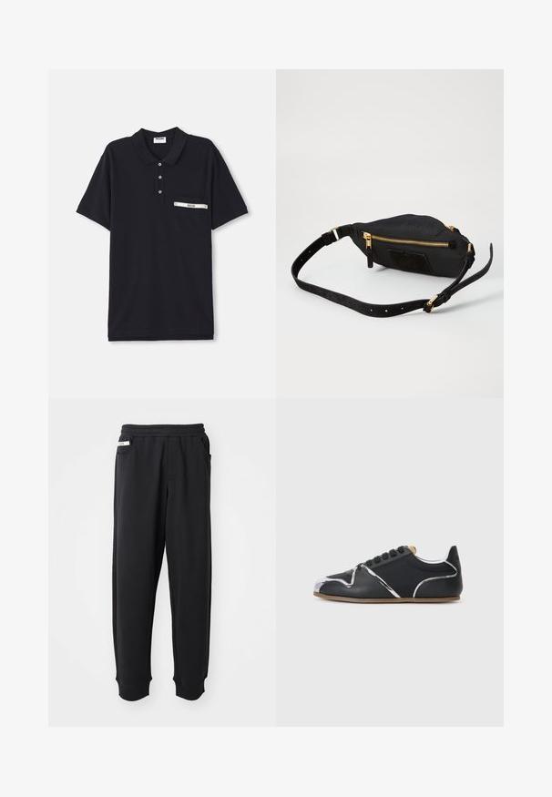 Sorte polo shirt lavet af bomuld med en tre-knaps knaplukning, korte ærmer og en brystlomme med en sølvfarvet detalje og et label.; Sorte sweatpants lavet af blødt stof, med elastisk talje, sidelommer og ribbede manchetter ved anklerne. Minimalistisk design.; Sort lav sneakers med sølv accenter, sorte snørebånd, tanfarvet inderforing og en tynd brun sål mod en ensartet lysegrå baggrund.; Sort stof crossover-taske med guld lynlås, suede-detaljer, rektangulær form, justerbar strop og struktureret overflade.