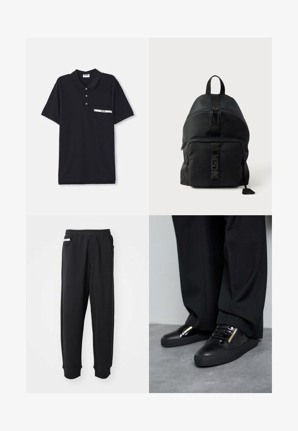 Must valge polo särk, mis on valmistatud puuvillast, kolme nööbiga kaelusega, lühikeste varrukatega ja rinnakotiga, millel on hõbedane aktsent ja märk.; Must have pehmed mustamisk kangast, elastse vöökoha, külgtaskute ja soonikkinnastega pahkluude juures. Minimalistlik disain.; Mustad nahast tennisekad, millel on läikivad aksessuaarid, tekstuuriga paelad ja lukuga detail; koos tumedate, vabalt langevate pükstega hallil põrandal.; Must Moschino seljakott, ülaosa käepidemega, eesmine lukuga tasku ja nähtava logoga eesmise tasku rihmal ühevärvilise heleda tausta ees.