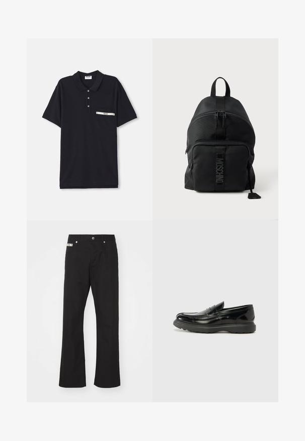 Sorte polo shirt lavet af bomuld med en tre-knaps knaplukning, korte ærmer og en brystlomme med en sølvfarvet detalje og et label.; Svarte bomuldsbukser med lige ben-design, der har en frontknaplukning, to sidelommer og et lille mærke på linningen.; Sort læderloafer med en blank finish, rund tå, subtile syninger og en tyk gummisål for holdbarhed.; Sort Moschino rygsæk med topgreb, lynlåslomme foran og synligt logo på stroppen på frontlommen mod en ensartet lys baggrund.