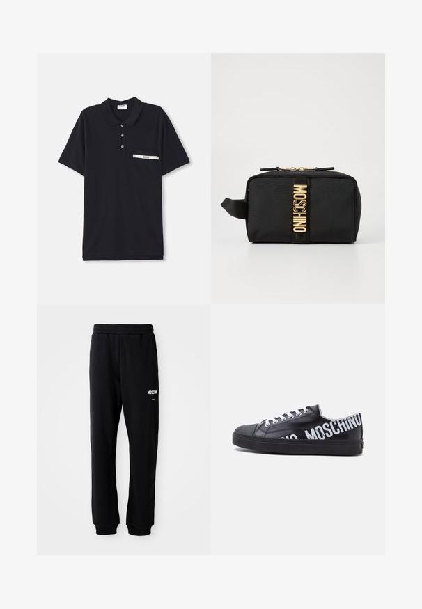 Sorte polo shirt lavet af bomuld med en tre-knaps knaplukning, korte ærmer og en brystlomme med en sølvfarvet detalje og et label.; Sorte sweatpants med en afslappet pasform, lavet af blødt stof. Har en elastisk talje og hvidt "Moschino" logo på venstre lår.; Sort lavtop sneaker med hvide snørebånd og fed hvid "MOSCHINO" tekst, der vikler sig rundt om hælen og siden.; Sort stof kosmetikpose med rektangulær form, guld "MOSCHINO" logo, lynlås lukning og en sideløkke til nem håndtering.