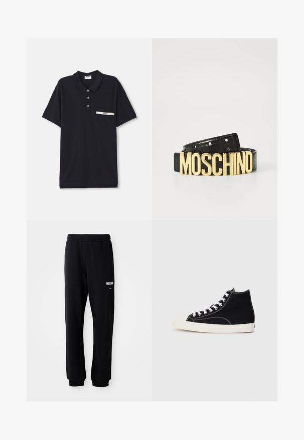Sorte polo shirt lavet af bomuld med en tre-knaps knaplukning, korte ærmer og en brystlomme med en sølvfarvet detalje og et label.; Sorte sweatpants med en afslappet pasform, lavet af blødt stof. Har en elastisk talje og hvidt "Moschino" logo på venstre lår.; Canvas højhælede sneakers i sort med hvide snørebånd, der har en gummitoeppe og kontrasterende hvid sytråd.; Sorte læderbælte med en krokodilletekstur og et stort guld "MOSCHINO" logo som spænde. Har flere justeringshuller.