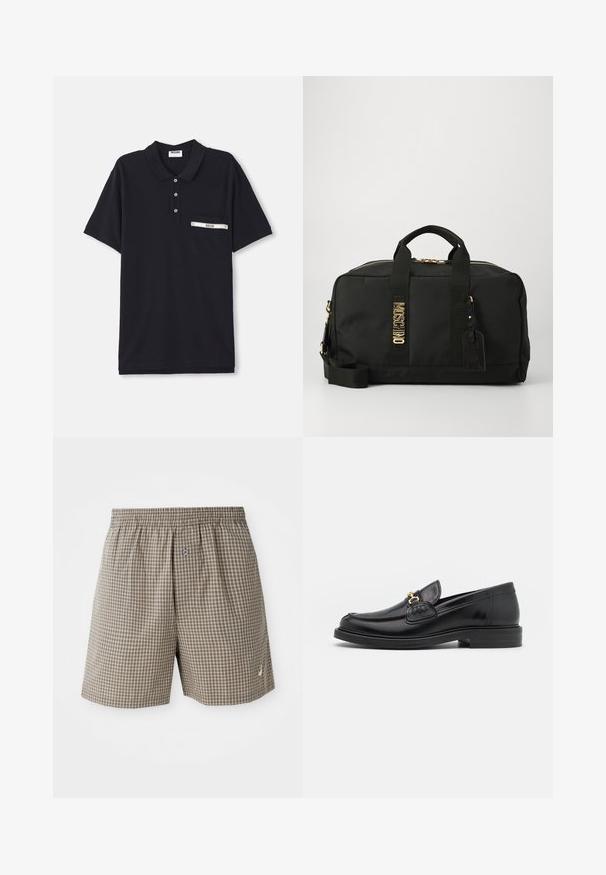 Sorte polo shirt lavet af bomuld med en tre-knaps knaplukning, korte ærmer og en brystlomme med en sølvfarvet detalje og et label.; Brune ternede shorts med elastisk talje, sidelommer og en lille logo-detail nær kanten. Letvægtsstof.; Sorte læder loafers med en rund tå, der har guld hardware accent og syningsdetaljer, placeret på en lav, tekstureret gummisål.; Sort duffel bag fremstillet af nylon med guldfarvet hardware, dobbelte håndtag, aftagelig skulderrem og logo detaljer på siden.