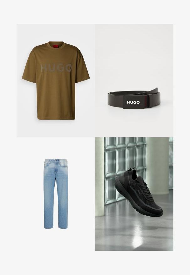 Olijfgroene katoenen t-shirt met een ronde hals en korte mouwen, met een groot grijs "HUGO" logo op de voorkant gedrukt.; Lichtblauwe denim jeans met rechte pijpen, voorzakken, riemlussen en knoopsluiting, afgebeeld tegen een witte achtergrond.; Zwarte gebreide sneaker met dikke profielzool en veters, merk "BOSS", zwevend binnen bij een glazen blokmuur en betonnen vloer.; Zwarte leren riem met een gestructureerde zwart-witte gesp met het logo "HUGO" en een rode accentdetail.