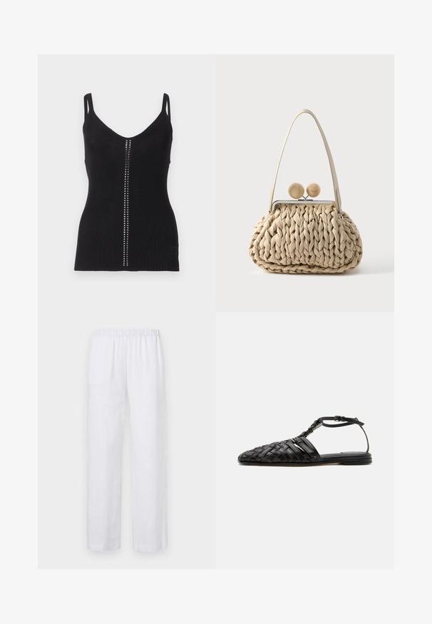 Must mustriba top, millel õhuke kaelus, kitsaist rihmadest ning vertikaalne rida hõbedast nuppe keskse sisekäigu ääres.; ASPESI PANTALONE - Püksid - white; Mustad lame madalad sandaalid, millel on punutud kinnine varvas, pahkluu rihm ja pannal, esitatud valgel taustal.; Beežist punutud käekott pakse punutud tekstuuriga, ühe õlarihma ja kahe ümarast beežist kuuliga kaunistatud metallkinnitusega.