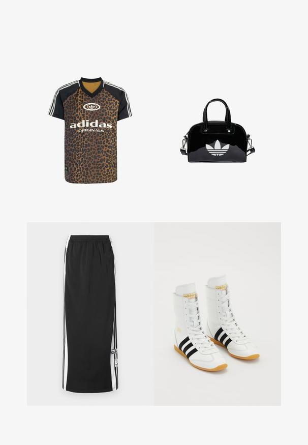 adidas Originals LEO PRINT SATIN - T-shirts print - multicolor bronze strata; Sort lang atletisk nederdel med hvide sidepaneler og sorte striber, elastisk taljebånd og Adidas-logo i patch nær nederste kant.; Hvide høje sneakers lavet af læder, med tre sorte striber, hvide snørebånd og en gummirubbersål. Guld-logo accent på tungen.; Sort patentlæder håndtaske med rund form, to top-håndtag, sølvdetaljer og en fremtrædende hvid logo på fronten.