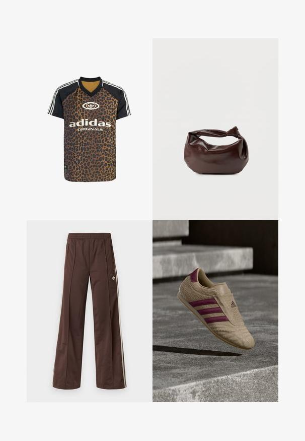 adidas Originals LEO PRINT SATIN - T-Shirt print - multicolor bronze strata; Braune Sporthose mit weitem Bein, weißen Seitenstreifen, elastischem Bund und zwei Seitentaschen. Mit kleinem Logo am Bein.; Hellbrauner Sneaker mit einer strukturierten Schlangenleder-Optik, versehen mit lila Streifen und Akzenten. Gummisohle und Adidas-Logo an der Seite.; Dunkelbraune Lederschultertasche mit weicher, lockerer Form und einem gedrehten Knotengriff vor schlichtem weißem Hintergrund.