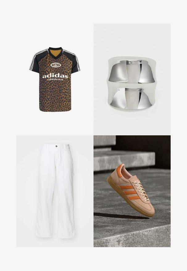 adidas Originals LEO PRINT SATIN - T-shirts print - multicolor bronze strata; Hvide bomuldsbukser med lige ben-design, der har en knaplukning, sidelommer og en afslappet pasform. Glat tekstur.; Beige sneaker med orange striber, polstret krave, tekstureret gummisål og hvide snørebånd. Har et "Spezial"-logo på siden.; Sølv cuff ring med en glat, reflekterende overflade. Har et buet design og bred skandinavisk ring, der skaber et moderne, minimalistisk look.