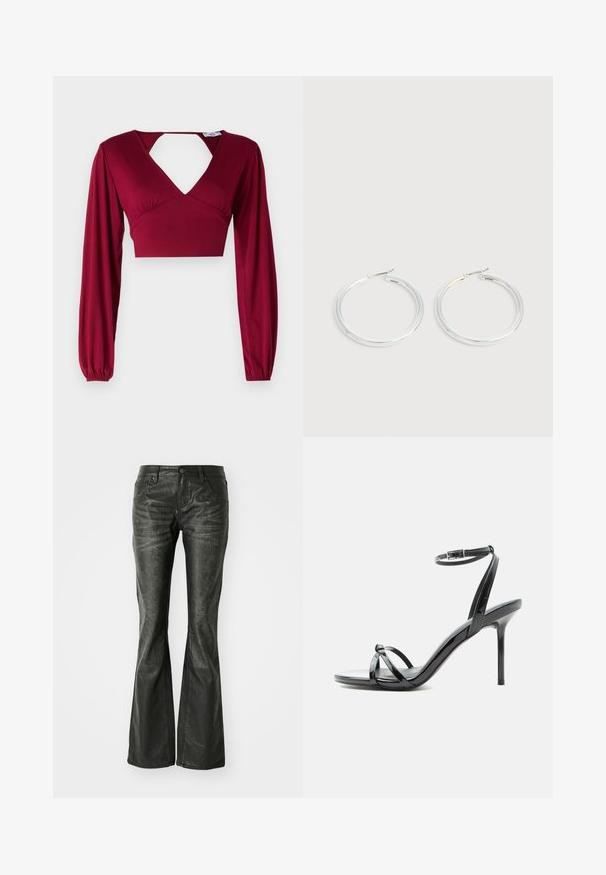 Bordeaux crop top med lange ærmer og dyb V-udskæring. Har en udskåret ryg og sammenfløjet detalje ved skuldrene. Glat tekstur.; Sorte faux læder flared jeans med forlommer, en metalknaplukning og en let tekstureret overflade. Ret ben med en lang skæring.; Sort laklæder høje hæle sandal med tynde remme, der krydser tæerne, og en ankel spænde rem på en hvid baggrund.; Par skinnende sølvøreringe med tynde trådlåse, vist på en lys grå baggrund.