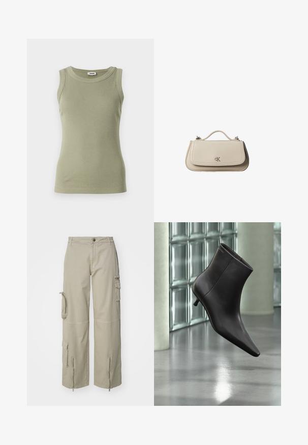 Oliegrøn, ærmeløs ribbet tank top med rund udskæring. Lavet af glat stof, med en tætsiddende silhuet og synlige sy-detaljer.; Beige cargo bukser lavet af bomuld. Har store sidelommer, lynlåsåbninger ved manchetterne og et afslappet, bredt ben-design.; Sort læderankelstøvle med spids tå og lille hæl vist mod en væg af glasblokke og poleret gulv baggrund.; Lille beige læderhåndtaske med top håndtag og sølv CK-logo på frontklap, vist mod en hvid baggrund.