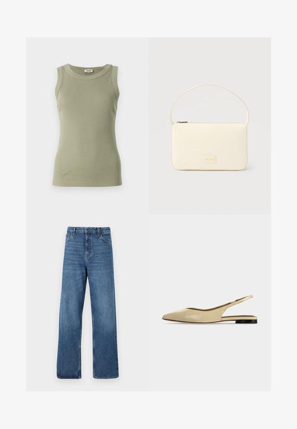 Oliegrøn, ærmeløs ribbet tank top med rund udskæring. Lavet af glat stof, med en tætsiddende silhuet og synlige sy-detaljer.; Blå højttaljede denimjeans med vide ben, der har en glat tekstur, minimale syningsdetaljer og en klassisk fem-lomme-stil.; Beige spids tå slingback flad sko med lav sort hæl og en glat læderfinish, vist fra siden på en ensfarvet baggrund.; Kremfarvet rektangulær håndtaske med en enkelt rem og lynlås øverst, med en lille præget logo-plakette foran.