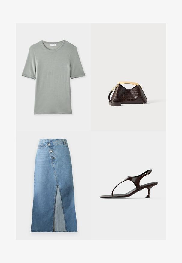 Kurzärmliges T-Shirt mit Rundhalsausschnitt in Hellgrau, aus weichem Stoff mit glatter Textur und dezentem Nähten an ärmeln und Kragen.; Blauer Denim-Midirock mit Schlitz vorne und asymmetrischem, geknöpftem Taillenverschluss.; Dunkelbraune Lackleder-Slingback-Sandale mit kittenabsatz und Zehensteg auf weißem Hintergrund.; Dunkelbraune, krokodilgeprägte Handtasche mit goldfarbenem, geschwungenem Tragegriff und abnehmbarem Schulterriemen auf weißem Hintergrund.