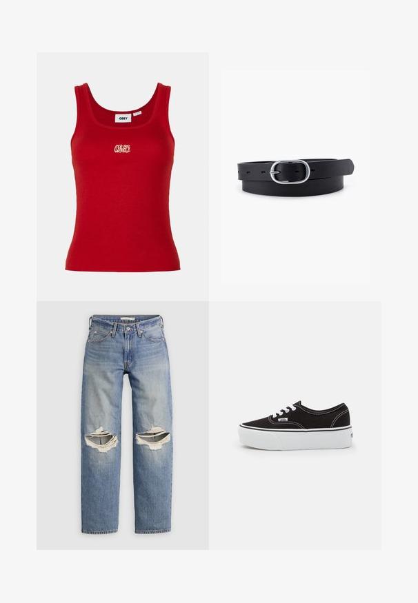 Punane sooniline tank top ümarate kaeluste ja laialdaste nööpidega, millel on keskel valge tikandiga "OBEY" logo.; Sinised teksapüksid sirgete säärtega ja suurte horisontaalsete rebenditega mõlema põlve kohal, esitatud ühtlasel taustal.; Must musta tennis jalanõud valge kummi platvormi tallaga, valgete paelte ja õmblustega, ikoonilise kaubamärgiga küljes, madala lõikega disain.; Must musträbel mustra nahkrihm, millel on siledat tekstuuri, ovaalne hõbedane metallist pandla ja mitmed reguleerimisaugu rihma ääres. Lame, minimaalne disain.