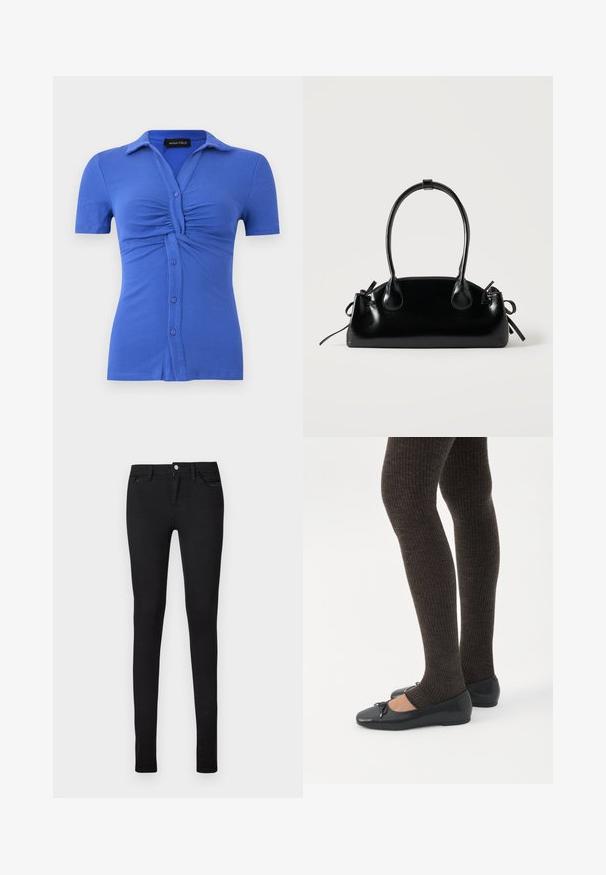 Haut bleu côtelé à manches courtes, boutonné, avec un détail froncé au niveau de la poitrine et un col à revers, étiquette Anna Field.; Jean noir slim fit avec fermeture frontale par bouton et zip, passants pour ceinture, poches avant et arrière, présenté sur fond blanc.; Jambes portant des leggings côtelés foncés associés à des ballerines noires avec de petits détails en nœud sur fond blanc.; Petit sac à main noir brillant avec deux longues anses et des détails à cordon sur les côtés sur un fond clair uni.