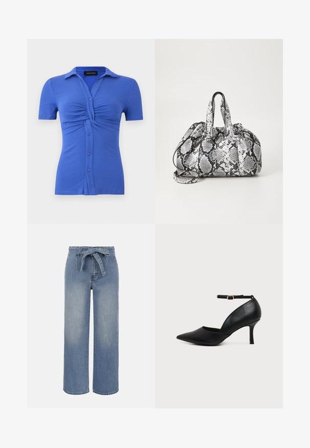 Haut bleu côtelé à manches courtes, boutonné, avec un détail froncé au niveau de la poitrine et un col à revers, étiquette Anna Field.; Jean taille haute à jambes larges bleu clair avec ceinture en tissu nouée et poches avant, présentant un effet délavé légèrement estompé.; Chaussure en cuir noir à bout pointu avec talon kitten, bride à la cheville et boucle dorée sur fond neutre.; Sac à main en motif peau de serpent noir et blanc avec deux poignées, une fermeture à cordon et une bandoulière amovible. Texture lisse.