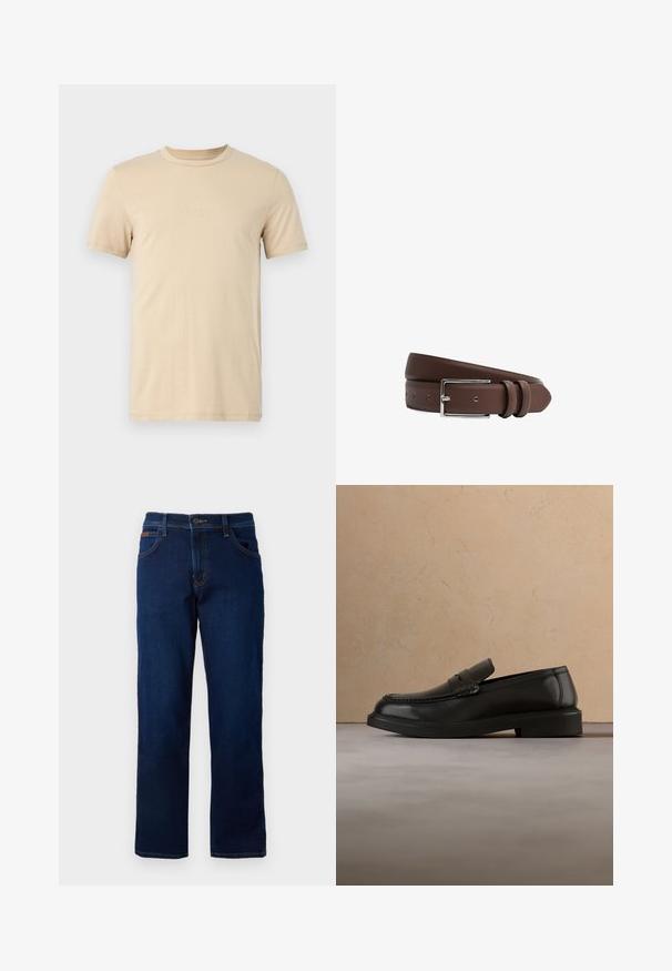 Beige bomulds T-shirt med korteærmer, rund halsudskæring og præget LOGO tekst på forsiden. Glat tekstur og standard pasform.; Mørkeblå denim jeans med lige ben, forlommer og knaplukning i taljen. Har kontraststing og en lille mærkeaccent på taljebåndet.; Sort læderloafer svæver over et beige flettet tæppe med et rundt træbord og en sofa i baggrunden.; Brunt læderbælte med sølv rektangulær spænde, rullet sammen med to bæltestropper synlige på en hvid baggrund.