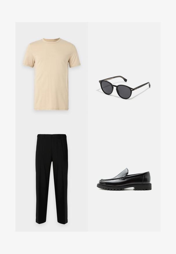 T-shirt en coton beige à manches courtes, avec un col rond et un texte LOGO en relief sur le devant. Tissu lisse et coupe standard.; Pantalon noir en tissu lisse, présentant une coupe droite, deux poches avant et une fermeture à glissière avec bouton.; Mocassin en cuir noir avec semelle en caoutchouc épaisse, dessus cousu et nom de marque embossé sur le talon, présenté de profil sur fond blanc.; BOSS Lunettes de soleil - black