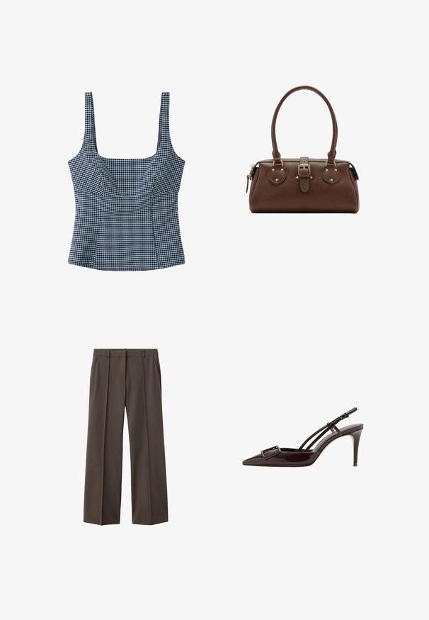 Débardeur sans manches à motif vichy noir et blanc, encolure carrée, larges bretelles et corsage ajusté.; Pantalon de costume marron coupe droite avec passants de ceinture et poches latérales, présenté sur fond blanc.; Escarpins slingback noirs en cuir verni à bout pointu avec une boucle décorative et des fines brides de cheville.; Sac à main en cuir marron avec deux poignées, une sangle centrale à boucle et des ferrures dorées, présenté sur fond blanc.