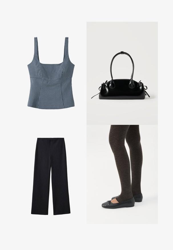 Débardeur sans manches à motif vichy noir et blanc, encolure carrée, larges bretelles et corsage ajusté.; Pantalon large à rayures fines noires avec une texture lisse et une taille haute. Le tissu a un léger éclat et tombe de manière fluide.; Jambes portant des leggings côtelés foncés associés à des ballerines noires avec de petits détails en nœud sur fond blanc.; Petit sac à main noir brillant avec deux longues anses et des détails à cordon sur les côtés sur un fond clair uni.