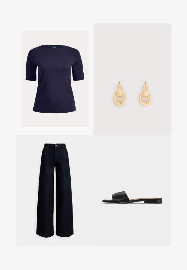Marineblauwe top met korte mouwen, een ronde hals en omgeslagen mouwen. Gemaakt van een soepele, lichte stof, geschikt voor casual gebruik.; Wijde donkere denim jeans met een hoge taille, plooien aan de voorkant, contrasterende oranje stiksels en een knoopsluiting in de taille.; Zwarte platte slides met een brede leren band met een subtiel reliëflogo en een lage hak.; Een paar gepolijste oorbellen in goudkleur met een gebogen rechthoekige top die is verbonden met een onregelmatig ovale hoepel, afgebeeld tegen een effen witte achtergrond.