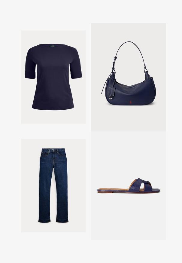 Mørkeblå, kortærmet top med rund halsudskæring og opsmøgede ærmer. Lavet af glat, letvægtsstof, velegnet til afslappet brug.; Mørkeblå straight-leg jeans med frontknap og lynlås, fem-lomme design og synlige syninger.; Blå læder flade sandaler med to krydsede remme, der har en tekstureret finish og en glat fodseng. Sålen er flad med minimal slidbane.; Marineblå læderhobo-taske med en buet form, tekstureret finish, justerbar skulderrem og en lille rød logodetalje på den ene side.