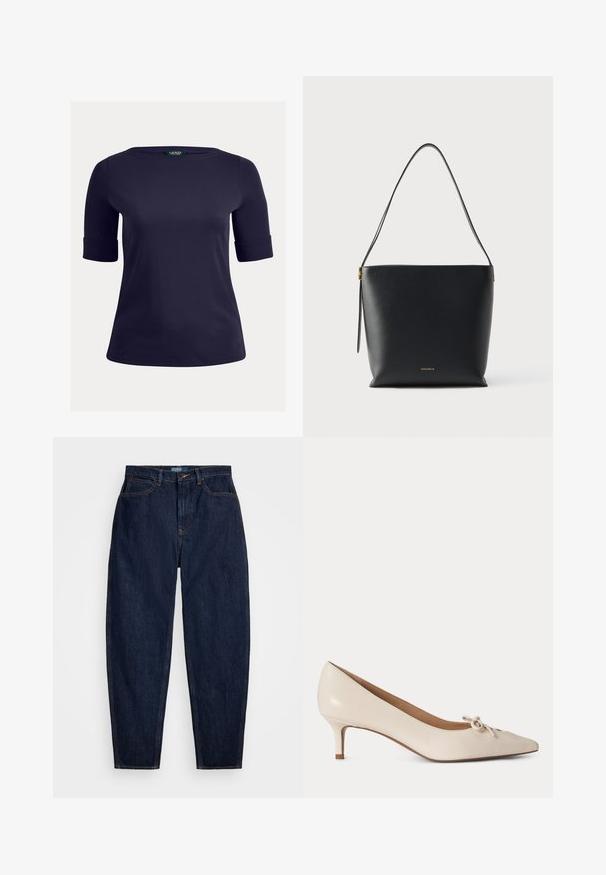 Mørkeblå, kortærmet top med rund halsudskæring og opsmøgede ærmer. Lavet af glat, letvægtsstof, velegnet til afslappet brug.; Mørkeblå denim jeans med lige pasform, der har orange syninger, en forreste knaplukning og fem lommer.; Beige læder lavhælet pumpe med spids tå og lille dekorativ sløjfe foran, vist på hvid baggrund.; Sort læderhåndtaske med glat tekstur, minimalistisk design, et enkelt buet håndtag og diskrete gulddetaljer. Mærkenavn vist nederst.