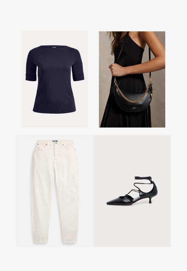 Marineblauwe top met korte mouwen, een ronde hals en omgeslagen mouwen. Gemaakt van een soepele, lichte stof, geschikt voor casual gebruik.; Witte jeans met hoge taille en rechte pijpen, voorzien van knoop en ritssluiting aan de voorkant, ontwerp met vijf zakken en Polo merkembleem op de tailleband.; Zwart, puntige kitten heel-schoen met enkelbandjes en cut-out details aan de zijkanten, getoond op een effen lichte achtergrond.; Vrouw in een zwarte jurk die een zwarte leren handtas in halvemaanvorm met een gouden ketting en band over haar schouder draagt.