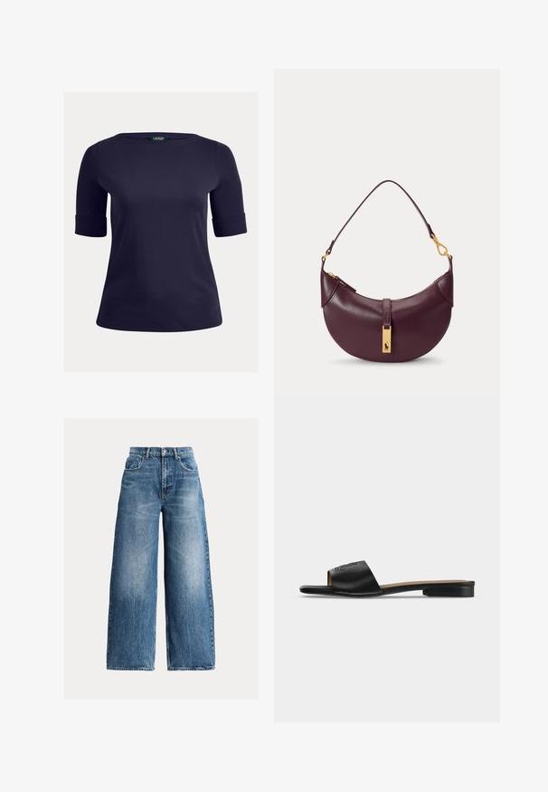 Marineblaues, kurzärmliges Oberteil mit Rundhalsausschnitt und aufgeschlagenen Ärmeln. Aus glattem, leichtem Stoff gefertigt, geeignet für Freizeitkleidung.; Blaue Jeans mit weitem Bein, fünf Taschen, Knopfverschluss und ausgebleichten Details vorne und an den Oberschenkeln.; Schwarze flache Sandale mit einem breiten Lederriemen mit dezentem geprägtem Logo und niedrigem Absatz.; Kleine dunkelviolette Leder-Umhängetasche mit goldfarbenem Reißverschluss und goldfarbenem rechteckigem Logoschild am vorderen Riemen.