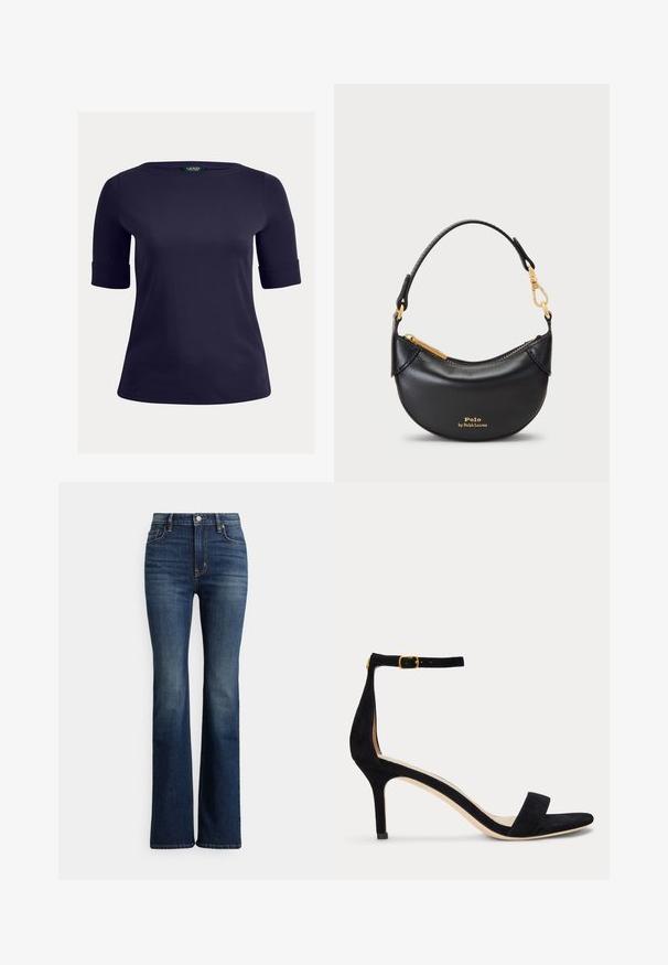 Marineblauwe top met korte mouwen, een ronde hals en omgeslagen mouwen. Gemaakt van een soepele, lichte stof, geschikt voor casual gebruik.; Donkerblauwe high-waist bootcut jeans met knoopsluiting aan de voorkant en zakken, lichte vervaging op de dijen en knieën, weergegeven tegen een witte achtergrond.; Zwarte suède sandaal met hoge hak, een smalle enkelriem en gouden gesp, open teen en een matige hak op een effen witte achtergrond.; Zwarte leren handtas met een ronde silhouet, metalen rits en een korte handgreep. Voorzien van gouden accenten en een geperst logo aan de voorkant.