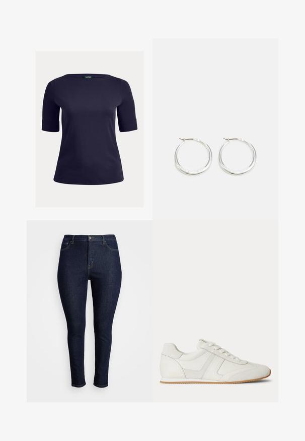 Mørkeblå, kortærmet top med rund halsudskæring og opsmøgede ærmer. Lavet af glat, letvægtsstof, velegnet til afslappet brug.; Mørkeblå denim skinny jeans med høj talje, der har fem-lomme design, syningsdetaljer og lynlås- og knaplukning.; Hvid lavtop sneaker med snørelukning foran, ruskind- og læderpaneler og en lysebrun gummisål på en hvid baggrund.; Sølv hoops øreringe har et glat, afrundet design med en slank profil og sikker spænde. Minimalistisk stil med en poleret finish.