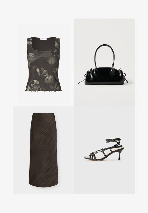 Envii WILMA - Débardeur - green; Jupe trapèze marron foncé avec des rayures noires diagonales, longueur midi, et une ceinture simple.; Sandale à talons hauts en cuir verni noir avec un design à lanières, sangle de cheville ajustable et détails noués. Texture lisse, bout pointu.; Petit sac à main noir brillant avec deux longues anses et des détails à cordon sur les côtés sur un fond clair uni.