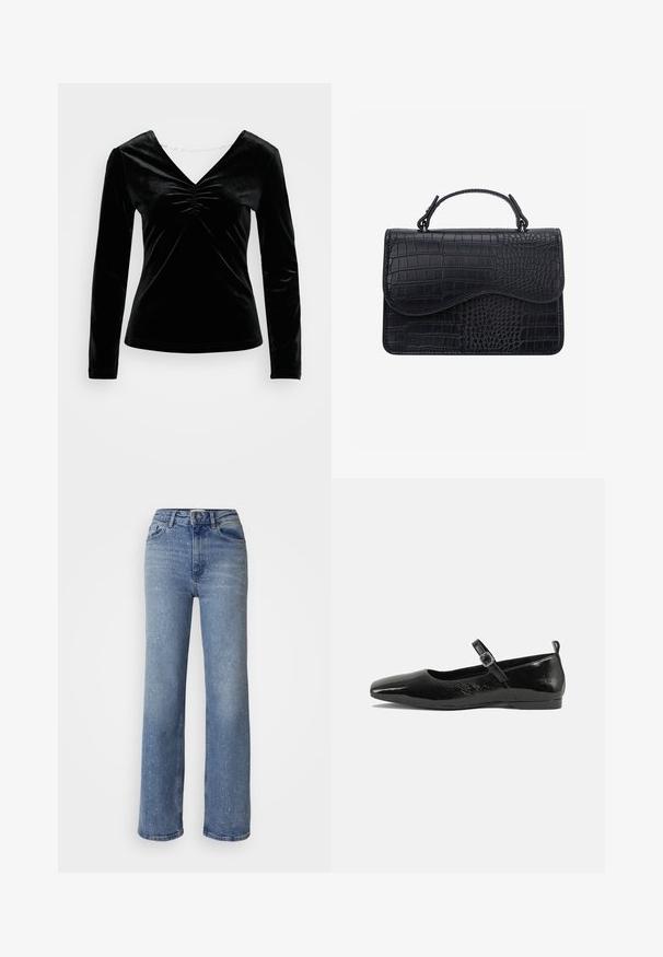 Sort fløjl langærmet top med V-hals og rynkedetalje ved brystet. Blød tekstur, tætsiddende design og glat finish.; Lyseblå overdimensionerede jeans lavet af denim, med spredte hvide detaljer, høj talje og standard fem-lomme design.; Sorte patentlæder flade sko med spidse tæer, en ankelrem med spænde og en glat, blank tekstur. Lav hæl for komfort.; Sort læderhåndtaske med krokodilletekstur, rektangulær form, buet klap og kort øverste hank.
