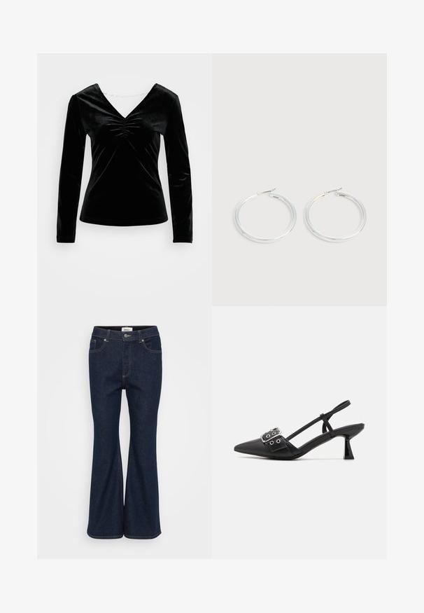 Sort fløjl langærmet top med V-hals og rynkedetalje ved brystet. Blød tekstur, tætsiddende design og glat finish.; Mørkeblå flagrende jeans lavet af denim, med et klassisk fem-lomme design, kontrastsyning og en bronze knaplukning.; Simmi London DALA - Pumps - black; Par skinnende sølvøreringe med tynde trådlåse, vist på en lys grå baggrund.