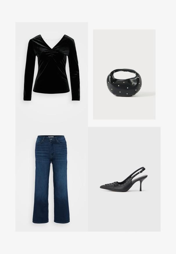 Sort fløjl langærmet top med V-hals og rynkedetalje ved brystet. Blød tekstur, tætsiddende design og glat finish.; ONLY Petite ONLMADISON BLUSH WIDE - Wide leg - dark blue denim; Sorte læder slingback stiletto med spids tå, side spændebånd, nitter langs kanten og dekorativ snøring foran.; Sort læderhåndtaske med en rundet form, dekoreret med sølvnitter, og et kort håndtag. Glat tekstur og lynlåslukning.