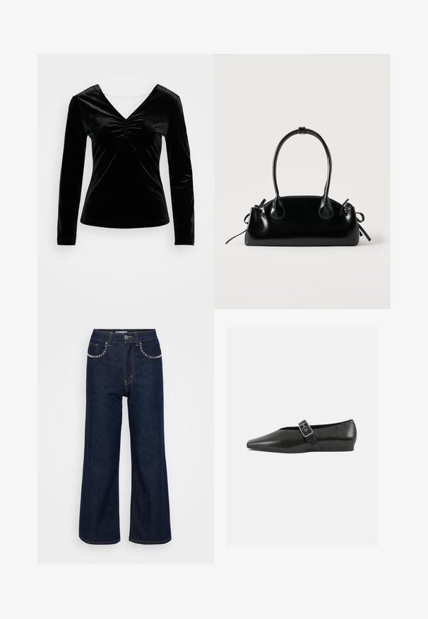 Sort fløjl langærmet top med V-hals og rynkedetalje ved brystet. Blød tekstur, tætsiddende design og glat finish.; Mørkeblå brede ben jeans lavet af denim, med høj talje, to forlommer med dekorativ syning, og en enkelt knaplukning.; Sorte læder flade sko med spidse tæer, prydet med en metallisk spænde over vristen og en lav, fleksibel sål.; Lille sort blank håndtaske med to lange håndtag og snøre-detaljer i siden på en ensfarvet lys baggrund.