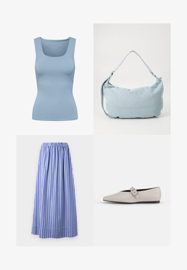 Débardeur bleu clair avec un décolleté carré, fabriqué à partir d'un tissu lisse et extensible. Il présente des bretelles larges et une silhouette ajustée.; Jupe rayée bleu et blanche avec une taille élastique, jusqu'au genou, fabriquée en tissu léger, présentant des rayures verticales et un design évasé.; Chaussure plate en cuir beige avec un bout pointu, un accent de boucle sur le côté et une semelle noire basse. Texture lisse et design minimaliste.; Sac à dos en denim bleu clair de forme arrondie, avec une bandoulière ajustable et un subtil détail de couture le long du bas. Texture douce.