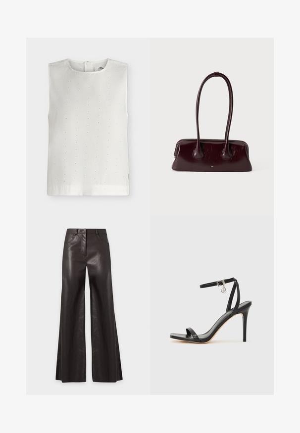 Blouse blanche sans manches avec de petits trous brodés en forme d'œillets en lignes verticales et col rond, présentée sur un fond uni.; Pantalon noir taille haute à jambes larges en similicuir avec poches avant et passants pour ceinture, présenté à plat sur un fond clair.; Sandale à talon haut noire avec une bride étroite à la cheville, bout carré, cuir lisse et accent de boucle métallique.; Sac à main en cuir brun foncé brillant avec de longues anses fines et une base rectangulaire structurée sur un fond clair uni.